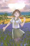  ;d artist_request bird bird_on_hand brown_hair bug butterfly dragonfly field flower flower_field highres insect kikuchi_yume lavender_(flower) mahou_tsukai_ni_taisetsu_na_koto one_eye_closed open_mouth path pleated_skirt road scan school_uniform serafuku short_hair skirt sky smile solo tree 