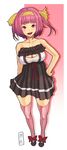  black_dress breasts cleavage cleavage_cutout collarbone dress full_body hands_on_hips jingi_sukan large_breasts looking_at_viewer md5_mismatch original pink_hair pink_legwear red_eyes short_hair solo standing strapless strapless_dress thighhighs zettai_ryouiki 