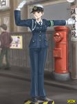  artist_request black_eyes black_hair copyright_request gloves hat japanese_cylindrical_postbox japanese_postal_mark omc police police_uniform policewoman postbox_(outgoing_mail) short_hair traffic_officer type51 uniform whistle 