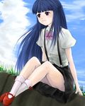  :3 arm_support artist_request bangs blue_hair blue_sky blunt_bangs bobby_socks bow cloud crossed_legs day dutch_angle flower furude_rika grass higurashi_no_naku_koro_ni leaning_forward long_hair looking_away outdoors pink_bow purple_eyes red_footwear school_uniform shirt shoes short_sleeves sitting skirt sky socks suspenders upskirt white_shirt 