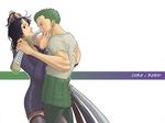  1girl black_hair character_name earrings green_hair hair_grab haramaki jewelry katana nico_robin one_piece roronoa_zoro short_hair sword thighhighs weapon zugan_(berugkamp) 