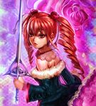  amy_sorel bare_shoulders bow_(bhp) choker dress drill_hair flower fur_trim gothic_lolita hair_ornament highres lace left-handed lolita_fashion rapier red_eyes red_hair rose solo soulcalibur soulcalibur_iv sword twintails weapon 