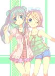  :o alternate_hairstyle arm_around_waist blonde_hair blue_eyes camisole casual double_bun drill_hair green_eyes green_hair hatsune_miku kagamine_rin long_hair looking_at_viewer multiple_girls one_eye_closed short_hair shorts vocaloid yamada_ako 