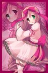  :o banned_artist belt dress frills green_eyes leg_garter long_hair long_sleeves looking_at_viewer parted_lips pink_dress red_eyes rozen_maiden shiraki_ai solo suiseiseki very_long_hair zoom_layer 