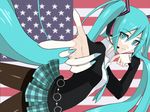  america american_flag aqua_eyes aqua_hair aqua_nails casual flag_background hatsune_miku headphones long_hair menou_kururu microphone nail_polish pantyhose psycho-puzzle skirt solo twintails very_long_hair vocaloid 