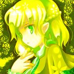  23_(candy_chapus) :o braid checkered colored_eyelashes flower french_braid from_side green half_updo looking_at_viewer lowres mizuhashi_parsee open_mouth pointy_ears shadow short_hair solo touhou upper_body 