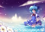  aprilred blue_hair bow cirno cloud flower ribbon short_hair sky solo touhou wings 