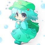  backpack bag blush_stickers bubble chibi gradient_hair hat jpeg_artifacts kawashiro_nitori multicolored_hair oka_(bananashoe) running solo sweatdrop touhou two_side_up 