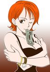  breast_hold breasts chabudai cleavage large_breasts money money_hold mouth_hold nami_(one_piece) one_eye_closed one_piece orange_hair short_hair solo tattoo 