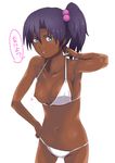  bikini blue_eyes breasts dark_skin gundam hair_bobbles hair_ornament hand_on_hip jack_hamster medium_breasts navel nipple_slip nipples purple_hair rachel_ransom sd_gundam_g-generation short_hair side_ponytail simple_background solo swimsuit translated very_dark_skin wardrobe_malfunction white_background 