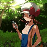  agemono bag bow breasts brown_eyes brown_hair day forest handbag hat hat_ribbon kotone_(pokemon) naked_overalls nature nipples outdoors overalls pokemon pokemon_(game) pokemon_hgss ribbon short_twintails small_breasts solo sunlight twintails 