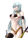  belt beltskirt bikini breasts covered_nipples hand_on_own_chest knife large_breasts long_hair marubonman navel open_mouth puffy_nipples red_eyes selvaria_bles senjou_no_valkyria silver_hair solo swimsuit sword weapon white_background 