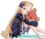  abigail_williams_(fate/grand_order) bangs barefoot black_bow black_dress blonde_hair bloomers blue_eyes blush bow bug butterfly chobbi closed_mouth commentary_request dress fate/grand_order fate_(series) forehead hair_bow head_tilt insect long_hair long_sleeves looking_at_viewer looking_to_the_side no_hat no_headwear object_hug orange_bow parted_bangs polka_dot polka_dot_bow shadow sidelocks sitting sleeves_past_fingers sleeves_past_wrists solo stuffed_animal stuffed_toy teddy_bear underwear very_long_hair white_background white_bloomers 