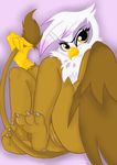  3_toes anthro anthrofied avian beak claws female foot_focus friendship_is_magic gilda gilda_(mlp) gryphon hindpaw looking_at_viewer meggchan my_little_pony nude paws plain_background pussy sitting soles solo toes yellow_eyes 