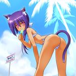  animal_ears ass bent_over bikini blush cat cat_ears cat_tail copyright_request covered_nipples day flat_chest food itoji long_hair looking_back narrow_waist pink_eyes ponytail popsicle purple_hair solo striped striped_bikini swimsuit tail tan 