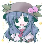  :d black_eyes blue_hair blush bow bowtie eyebrows_visible_through_hair food fruit futami_yayoi hat hinanawi_tenshi long_hair lowres open_mouth peach puffy_short_sleeves puffy_sleeves red_bow red_neckwear short_sleeves smile solo squiggle tareme touhou 