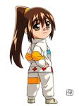  bandaid bandaid_on_nose brown_hair chibi from_behind full_body hands_on_hips high_ponytail itou_katsunobu kagariya_momiji long_hair looking_at_viewer looking_back orange_eyes ponytail simple_background smile solo soreyuke!_uchuu_senkan_yamamoto_youko standing white_background 