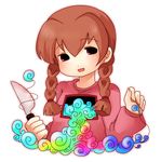  artist_request braid hair_over_shoulder knife lowres madotsuki pink_shirt shirt solo twin_braids yume_nikki 