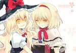  alice_margatroid blonde_hair blush bow brown_eyes capelet closed_mouth hair_bow hat hat_bow kirisame_marisa miyoochi multiple_girls puffy_short_sleeves puffy_sleeves red_bow shaded_face short_hair short_sleeves smile touhou upper_body witch_hat 