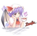  arm_support bat_wings cup exe_(xe) hat lowres purple_hair red_eyes remilia_scarlet smile solo teacup touhou wings 
