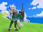  armor blue_eyes blue_hair gloves highres long_hair mof mof's_silver_haired_twintailed_girl ocean original polearm shield solo spear twintails very_long_hair weapon 