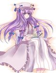  book dress expressionless hat holding holding_book kokoro_na long_sleeves looking_afar mob_cap multi-tied_hair open_book patchouli_knowledge purple_dress purple_eyes purple_hair simple_background sitting solo touhou white_background 