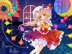  asymmetrical_clothes blonde_hair bow colored_eyelashes crescent eyelashes finger_to_mouth flandre_scarlet hat one_side_up red_eyes ribbon single_thighhigh skirt_hold solo star thighhighs torii_sumi torn_clothes touhou vampire white_legwear wings 