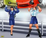  black_eyes black_hair boots car eyes gloves ground_vehicle hat lifting_cars long_hair motor_vehicle multiple_girls pencil_skirt police police_uniform policewoman short_hair skirt type51 uniform 