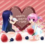  barefoot birthday blue_eyes blue_hair blueberry cake dress flower food fruit hair_bobbles hair_ornament hamamo in_food long_hair minigirl multiple_girls open_mouth original pink_eyes pink_hair strawberry sundress 