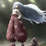  bad_id bad_pixiv_id chirigami-san fujiwara_no_mokou hair_ribbon hand_in_pocket long_hair looking_back red_eyes ribbon silver_hair solo touhou very_long_hair 