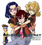  asagi_caldwell blonde_hair blue_hair glasses gloves gundam gundam_seed headband hug jacket juri_wu_nien lowe_guele mayura_labatt multiple_girls one_eye_closed red_hair tokita_kouichi 