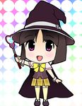  black_hair cape chibi hat purple_eyes rosario+vampire sendou_yukari short_hair skirt solo_focus wand witch_hat 