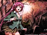  ahoge akashiya_moka bat beads blazer blush breasts chain choker cleavage cross fang graveyard green_eyes green_shirt jacket long_hair medium_breasts nazo_koumori outdoors pink_hair plaid plaid_skirt rosario+vampire school_uniform shirt skirt solo third-party_edit tree very_long_hair wallpaper 