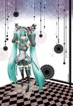  adapted_costume ankle_cuffs aqua_hair armband black_footwear black_skirt blush boots character_name collared_shirt cross-laced_clothes detached_sleeves eyebrows eyebrows_visible_through_hair frills from_above garters grey_shirt hair_between_eyes hair_ornament hairband hands_on_headphones hands_up hatsune_miku headphones headset lace legs_apart long_hair microphone miniskirt necktie platform_footwear pleated_skirt ribbon sara_(uunyan) shirt skirt solo sparkle star thigh_boots thighhighs twintails vocaloid 