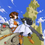  brown_eyes brown_hair castle copyright_request lowres mof oekaki pantyhose pointy_ears scythe solo 