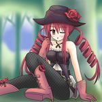  ;p blush boots drill_hair fishnet_pantyhose fishnets gloves hat karen_(luminous_arc) luminous_arc luminous_arc_2 one_eye_closed pantyhose red_hair skirt solo tongue tongue_out yamisupi_(sennagi) 