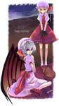  bat_wings blush dress flandre_scarlet full_body hase_neet hat looking_at_viewer mob_cap multiple_girls puffy_short_sleeves puffy_sleeves red_dress red_eyes remilia_scarlet short_hair short_sleeves siblings silver_hair sisters sitting standing touhou vampire wariza wings 