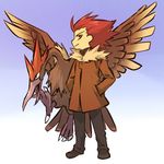  ahoge bird coat fearow gen_1_pokemon hitec male_focus moemon pants personification pokemon pokemon_(creature) red_eyes red_hair spiked_hair wings 