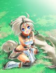  blue_eyes breast_squeeze breasts cleavage hairband horn kirin_(armor) long_hair medium_breasts monster_hunter shige_(st-k) sitting solo wariza white_hair 