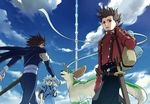  blue_eyes brown_hair cloud day genius_sage kratos_aurion lloyd_irving male_focus multiple_boys noishe red_eyes red_shirt shimabara shirt silver_hair sky sword tales_of_(series) tales_of_symphonia weapon 