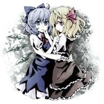  arata_iri bad_id bad_pixiv_id blonde_hair blue_eyes blue_hair bow cirno clothes_grab fairy hand_on_another's_cheek hand_on_another's_face hand_on_hip multiple_girls red_eyes rumia short_hair touhou wings yuri 