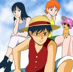  chabudai hat monkey_d_luffy multiple_girls nami_(one_piece) nico_robin one_piece parody pink_hat studio_ghibli_(style) style_parody tony_tony_chopper 