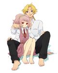  1girl anya_alstreim ashford_academy_uniform barefoot braid code_geass dress feet gino_weinberg necktie pink_hair plum_(arch) poking red_eyes school_uniform short_hair sitting sitting_on_lap sitting_on_person 