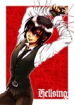  androgynous black_hair copyright_name garrote gloves hellsing hellsing:_the_dawn kida_sukizou male_focus red_background solo tongue vest walter_c_dornez 