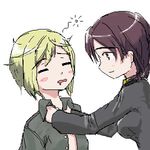  bad_id bad_pixiv_id bangs blonde_hair blush_stickers brown_eyes brown_hair closed_eyes dressing_another erica_hartmann eyebrows_visible_through_hair gertrud_barkhorn green_shirt kaneda_akihiro long_sleeves looking_at_another lowres medium_hair multiple_girls shirt short_hair simple_background strike_witches unbuttoned unbuttoned_shirt wavy_mouth white_background world_witches_series 