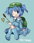  artist_request backpack bag blue_eyes blue_hair cattail character_name hair_bobbles hair_ornament hat kawashiro_nitori key one_eye_closed open_mouth plant short_hair sitting skirt smile solo touhou twintails two_side_up 