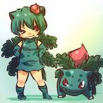  &gt;:) :t blush_stickers dress elbow_gloves fang flower gen_1_pokemon gloves green_hair hair_flower hair_ornament hands_on_hips hitec ivysaur leaf moemon personification pokemon pokemon_(creature) red_eyes smile socks v-shaped_eyebrows 