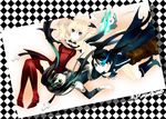  arm_cannon bad_id bad_pixiv_id bat_wings black_hair black_rock_shooter black_rock_shooter_(character) blonde_hair blue_eyes boots checkered checkered_background choker d.gray-man green_eyes green_hair hoshina_utau lenalee_lee long_hair lunatic_charm multiple_girls purple_eyes shugo_chara! skirt suzushiro thighhighs twintails weapon wings 