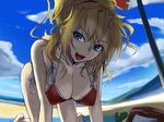  :d all_fours beach bikini blonde_hair blue_eyes breasts cleavage cloud day excellen_browning large_breasts long_hair looking_at_viewer michael open_mouth outdoors ponytail shade side-tie_bikini sky smile solo super_robot_wars swimsuit 
