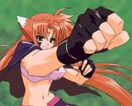  absurdres ahoge animal_ears arf bangs black_gloves blue_eyes blurry breasts cape clenched_hand crop_top depth_of_field dog_ears facial_mark fighting_stance fingerless_gloves forehead_jewel foreshortening gem gloves grin highres hip_bones large_breasts long_hair lyrical_nanoha mahou_shoujo_lyrical_nanoha midriff orange_hair outstretched_arm parted_bangs punching sia_(testarossa) slender_waist smile solo upper_body very_long_hair 